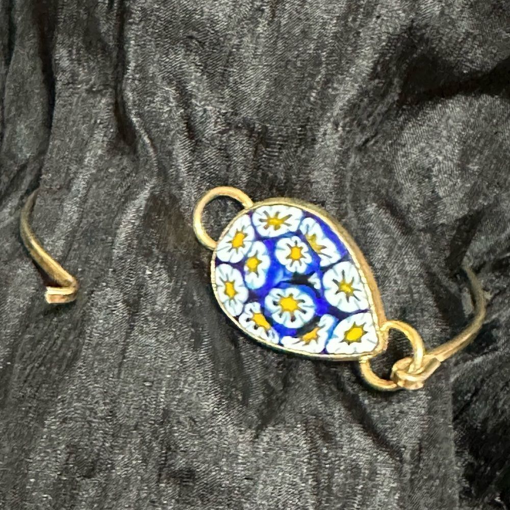 Blue Floral Mille Fiori Enamel and Gold tone Bracelet Bangle - Picture 11 of 13